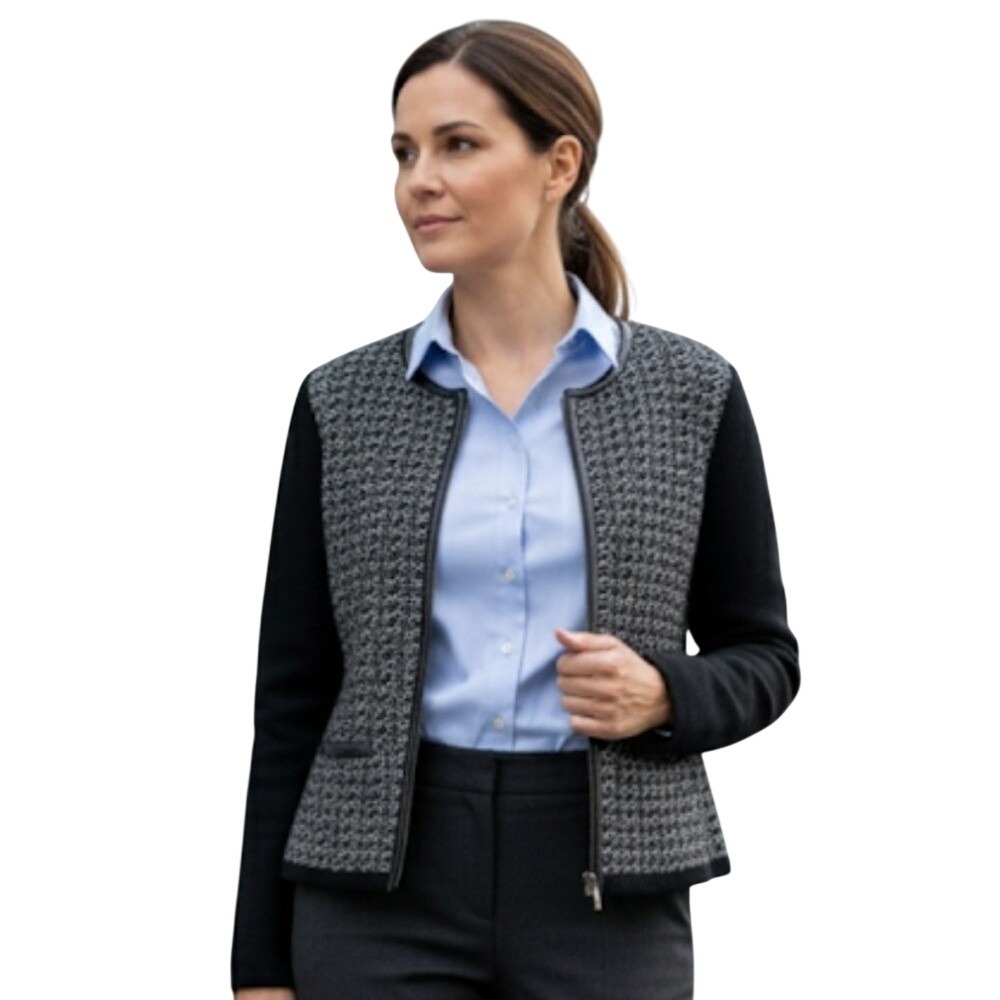 Talbots Pure Italian Merino Wool Zip Front‎ Cardigan Jacket Black White SP